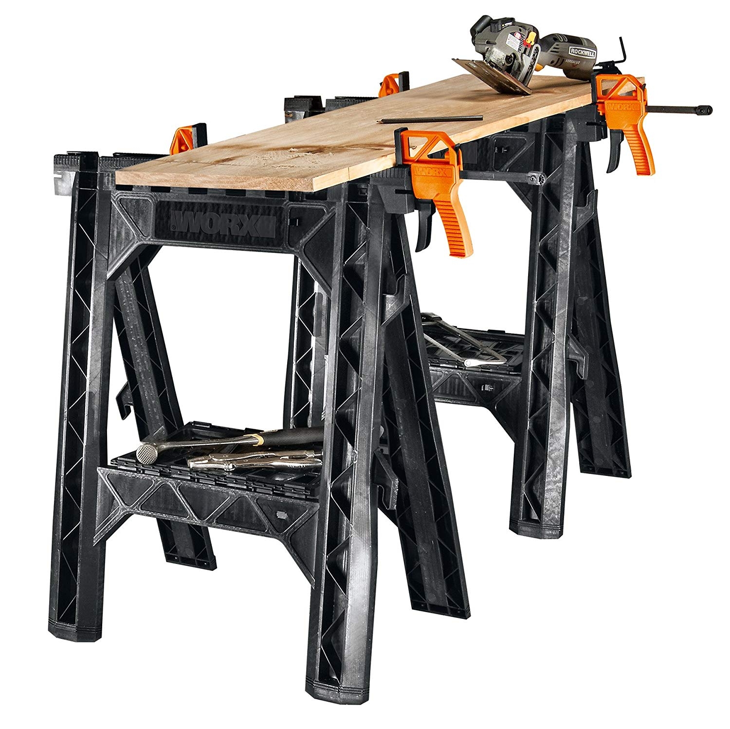 Worx Clamping Sawhorse Pair With Bar Clamps, Built-in Shelf And Cord 